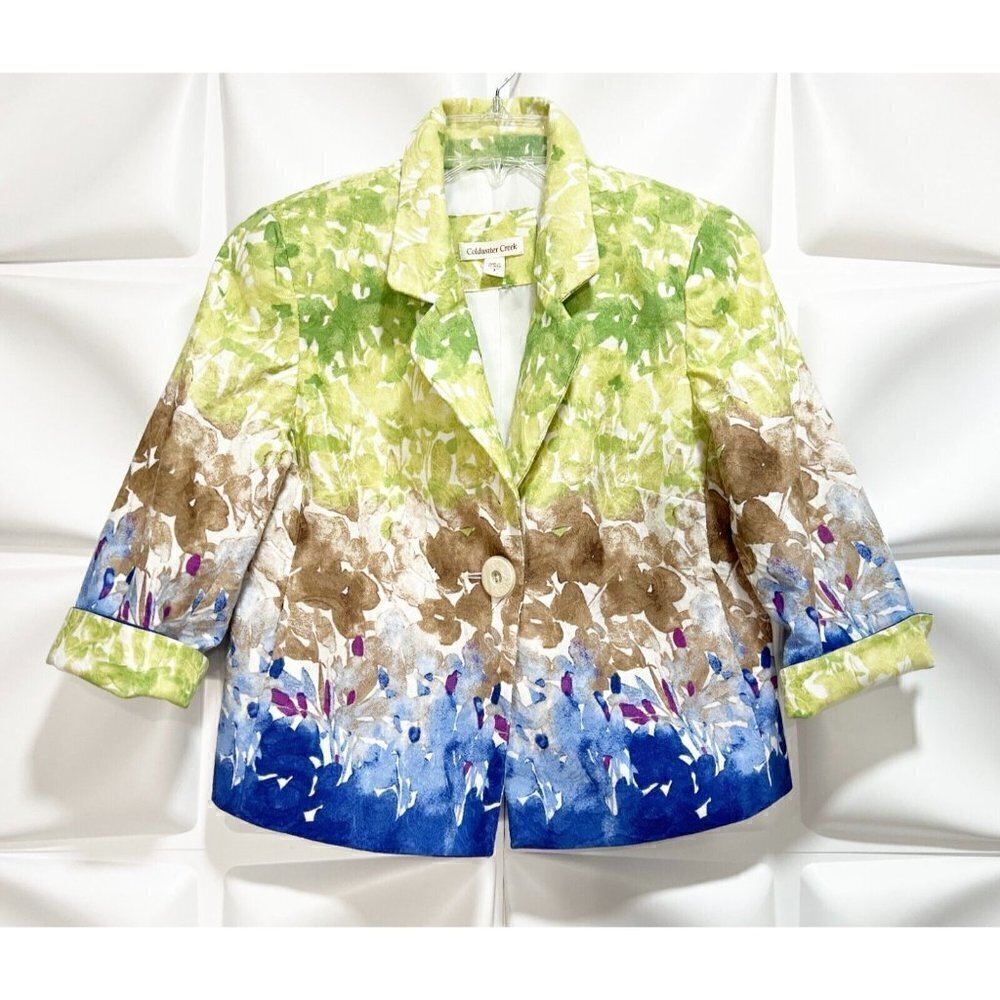 Coldwater Creek Womens Blazer Jacket Watercolor Art-to-Wear Floral s Blue Sz 4